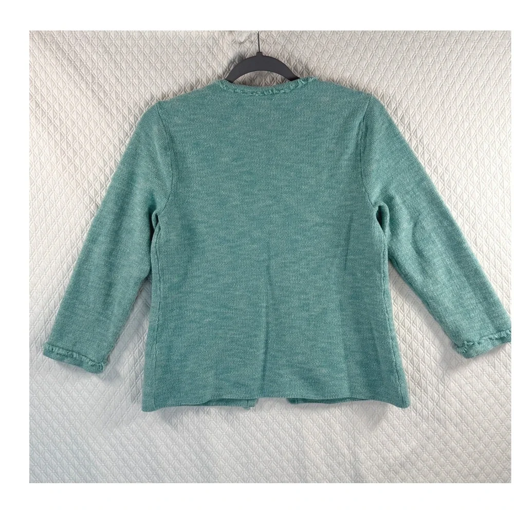 Viintage‎ Cardigan Sweater Blazer Women SP Teal Marl Knit Open Front Fringe Trim